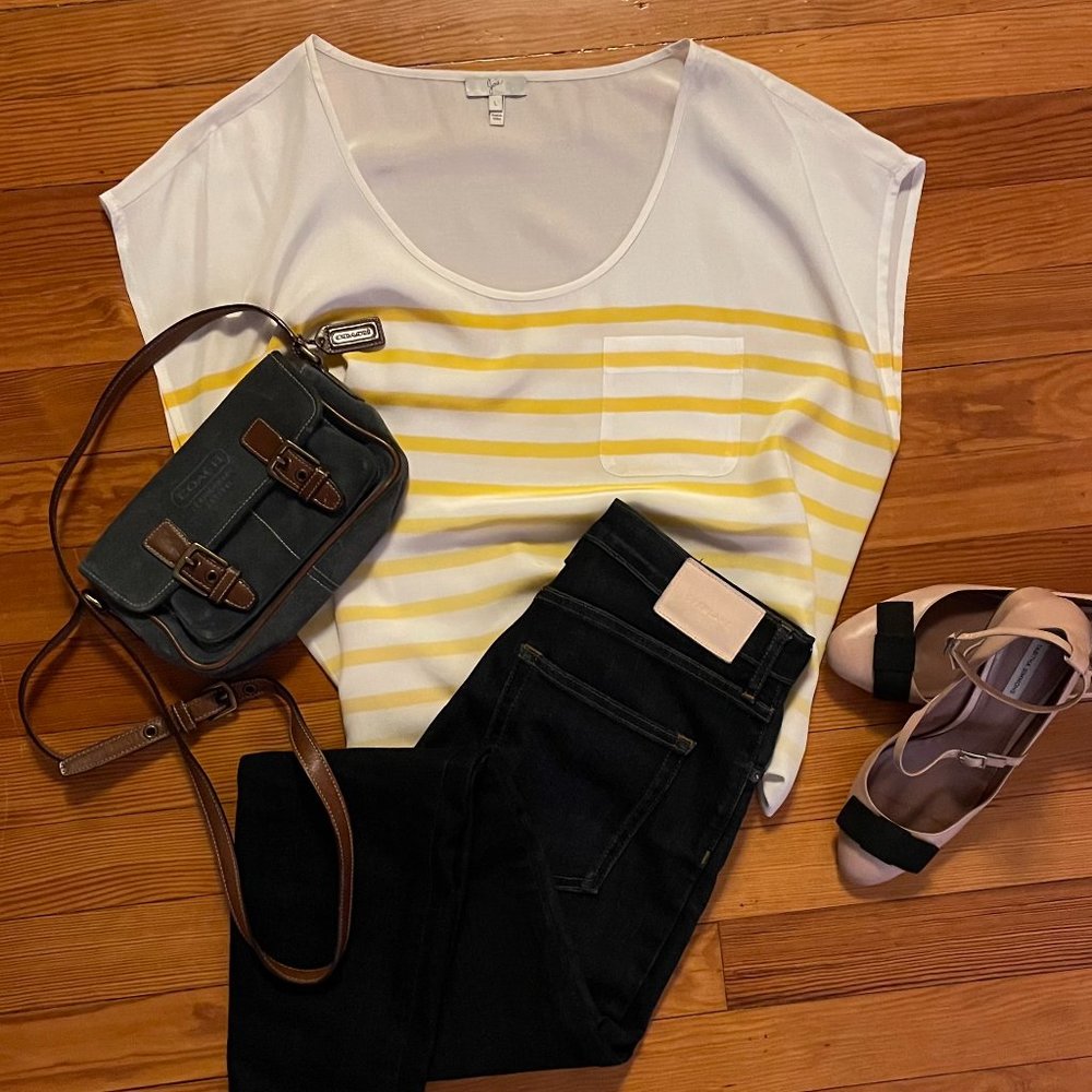 Joie White & Yellow Silk Striped Top